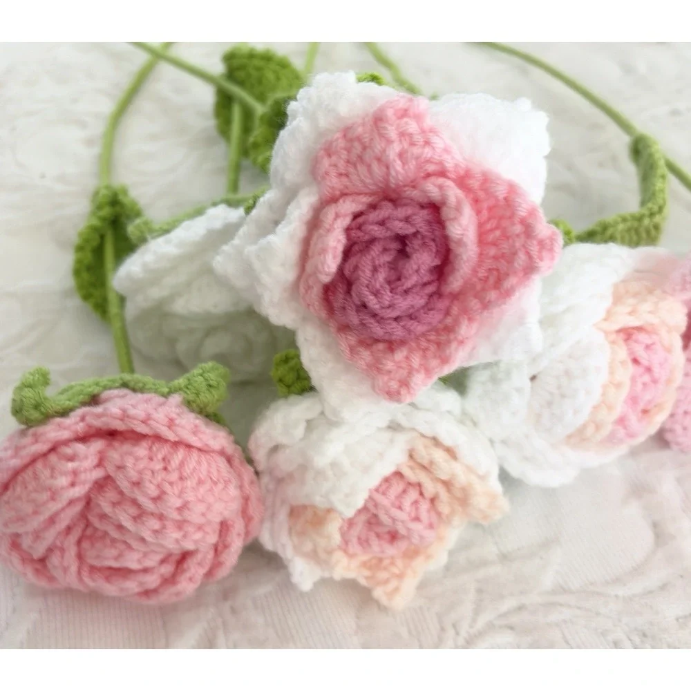 Handmade Crochet Flower Bouquet Pink Roses Lily Knit Flowers Gift Home Decor